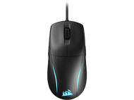 Une souris d'ordinateur noire. Elle a une lumière bleue et un câble.