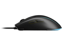 Charger l&#39;image dans la galerie, Une souris de jeu noire avec une molette et des boutons, avec des touches de bleu et de jaune.
