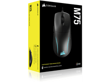 Charger l&#39;image dans la galerie, Une souris gaming Corsair M75 noire et sa boîte, avec des couleurs jaune et noir.
