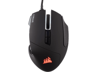 Souris gaming Corsair noire avec logo rouge et molette lumineuse. Filaire, pour PC.