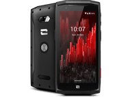 Smartphone noir robuste, deux caméras à l'arrière. Accents rouges. Affiche l'heure : 10:07 et la date.