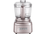 Robot culinaire rose, bol transparent, poignée et logo Cuisinart. Petit appareil de cuisine.