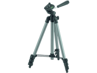 Un trépied argenté et noir. Il a trois pieds et une tête pour monter un appareil photo.