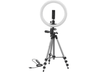 Anneau lumineux sur un trépied. Il a un support de téléphone au centre de l'anneau.