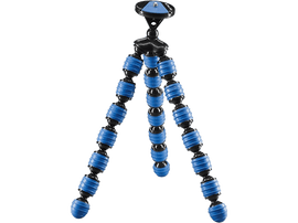 Trépied flexible avec joints en caoutchouc bleus. Noir et bleu. Fond blanc.