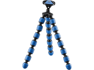 Trépied flexible avec joints en caoutchouc bleus. Noir et bleu. Fond blanc.