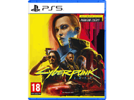 Couverture du jeu Cyberpunk 2077. Personnages, paysage urbain futuriste et un logo PS5.