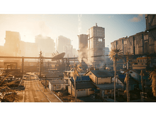 Charger l&#39;image dans la galerie, Ville futuriste avec de grands bâtiments, des palmiers et un soleil couchant. Environnement dystopique.
