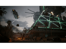 Charger l&#39;image dans la galerie, Véhicules volants au-dessus d&#39;un bâtiment pyramidal éclairé au néon. La scène se déroule dans une ville futuriste.
