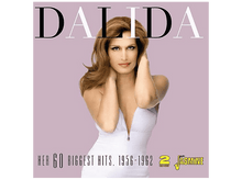 Charger l&#39;image dans la galerie, Couverture de l&#39;album de Dalida : femme en robe blanche, mains sur la tête. Texte : Dalida, Her 60 Biggest Hits, 1956-1962, 2 CD set, Jasmine.
