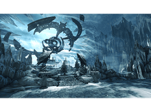 Charger l&#39;image dans la galerie, Une scène fantastique glacée avec des formations de glace et une structure céleste dans le ciel.
