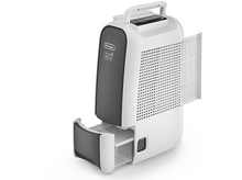 Charger l&#39;image dans la galerie, Déshumidificateur blanc et gris avec porte-filtre ouverte et réservoir d&#39;eau amovible. Fond blanc.
