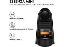 Charger l&#39;image dans la galerie, Machine à expresso noire avec une tasse en verre. Icônes pour expresso, mode éco et design compact.
