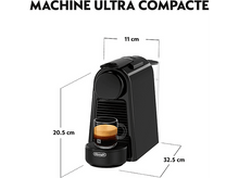 Charger l&#39;image dans la galerie, Machine à expresso noire avec une tasse en verre et dimensions indiquées pour référence.
