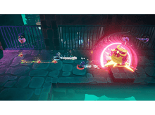 Charger l&#39;image dans la galerie, Une scène de jeu vidéo avec des personnages qui se battent. L&#39;arrière-plan montre un donjon et un ennemi brillant.
