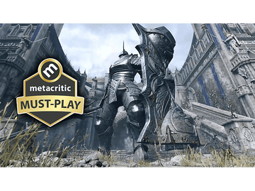 Un chevalier en armure tient un bouclier devant un château médiéval. Badge 'Metacritic Must-Play' visible.