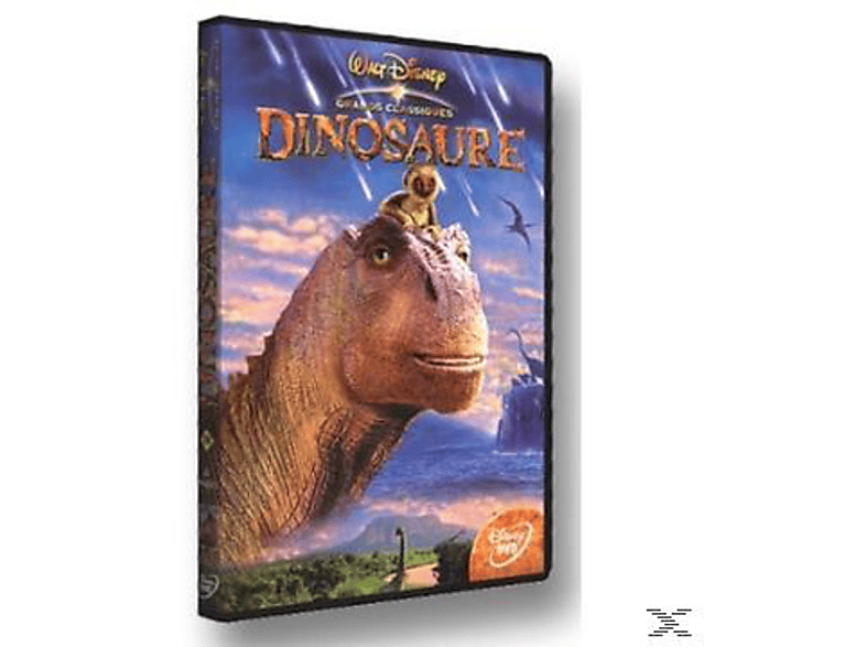 Couverture du DVD de "Dinosaur". Un dinosaure avec un petit dinosaure sur la tête est représenté.