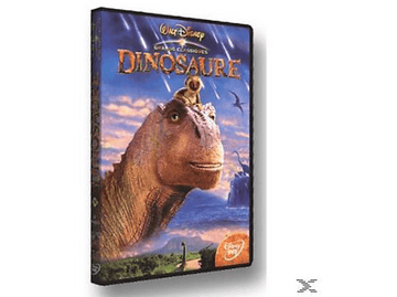 Couverture du DVD de "Dinosaur". Un dinosaure avec un petit dinosaure sur la tête est représenté.