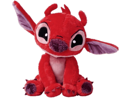 Peluche Stitch rouge avec de grandes oreilles, assis, sur fond noir.