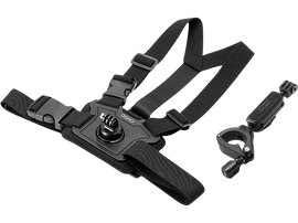 Sangle de poitrine et support de guidon Osmo noirs. Sangles, boucles et support de caméra visibles.