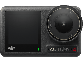 Caméra DJI Action 4. Corps noir avec écran, objectif et texte 