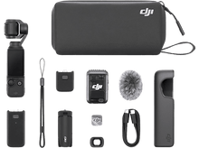 Charger l&#39;image dans la galerie, DJI Pocket 2 Creator Combo, noir, avec plusieurs accessoires disposés sur fond blanc.
