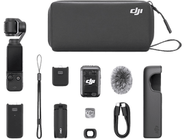 DJI Pocket 2 Creator Combo, noir, avec plusieurs accessoires disposés sur fond blanc.