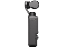 Charger l&#39;image dans la galerie, Une caméra DJI Pocket 3 grise, vue latérale. Elle a un écran et un bouton. La marque est visible.
