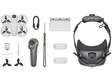 Charger l&#39;image dans la galerie, Composants de drone : drone, contrôleur, batterie, lunettes et accessoires. Fond blanc.
