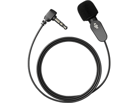 Micro noir avec une housse en mousse et une prise jack 3,5 mm. Un câble noir relie les deux éléments.