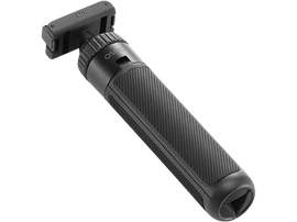 Stabilisateur de téléphone mobile Osmo noir. Une poignée noire texturée avec une pince pour téléphone en haut.