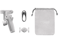 Appareil mobile Osmo blanc avec accessoires, dont une pochette et un câble de chargement.