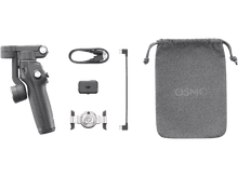 Charger l&#39;image dans la galerie, Un stabilisateur Osmo Mobile et des accessoires posés sur une surface noire. Inclut un sac, des câbles et un trépied.
