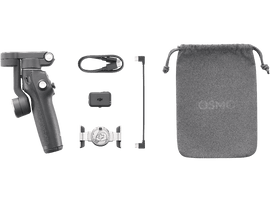 Un stabilisateur Osmo Mobile et des accessoires posés sur une surface noire. Inclut un sac, des câbles et un trépied.