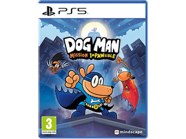 Couverture du jeu PS5 : Personnage de Dog Man en costume bleu sur un bâtiment, avec des personnages volants.