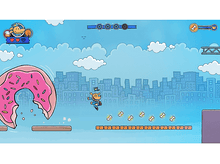 Charger l&#39;image dans la galerie, Scène de jeu vidéo. Chien de dessin animé saute au-dessus d&#39;os vers un donut rose. Skyline en arrière-plan.
