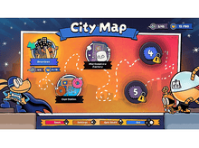 Charger l&#39;image dans la galerie, Carte de jeu de dessin animé avec ville et personnages. Affiche différents niveaux et indicateurs de progression.
