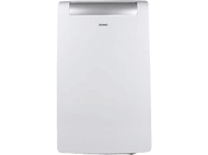 Climatiseur blanc avec texte 'DOMO'. Haut argenté. Forme rectangulaire.