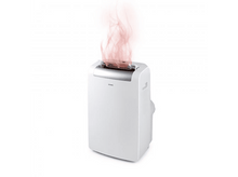 Charger l&#39;image dans la galerie, Un climatiseur portable blanc avec de la fumée rouge s&#39;élevant du dessus, sur fond blanc.
