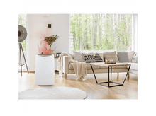 Charger l&#39;image dans la galerie, Salon avec purificateur d&#39;air blanc, canapé, table basse, fenêtre et vue extérieure.
