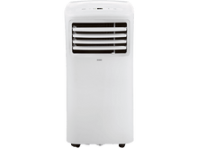 Charger l&#39;image dans la galerie, Climatiseur portable blanc. Il a une grille avant à lamelles horizontales. DOMO est écrit dessus.
