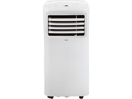 Climatiseur portable blanc. Il a une grille avant à lamelles horizontales. DOMO est écrit dessus.