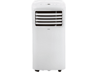 Climatiseur portable blanc. Il a une grille avant à lamelles horizontales. DOMO est écrit dessus.