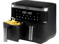 Friteuse à air DOMO noire avec un tiroir de frites et un affichage numérique.