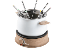 Charger l&#39;image dans la galerie, Un caquelon à fondue blanc avec des poignées en bois et une base en bois, avec des fourchettes à fondue colorées.
