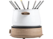 Charger l&#39;image dans la galerie, Un caquelon à fondue blanc avec des fourchettes colorées. Le caquelon à fondue est sur une base en bois.
