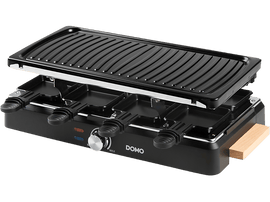 Grill à raclette noir avec trois plateaux, dessus ouvert, commandes et accent en bois.