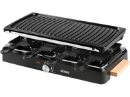 Grill à raclette noir avec trois plateaux, dessus ouvert, commandes et accent en bois.