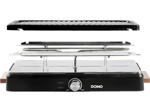 Charger l&#39;image dans la galerie, Une vue éclatée d&#39;un grill à raclette noir, montrant l&#39;élément chauffant, le grill et la base.
