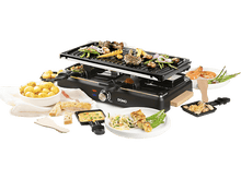 Charger l&#39;image dans la galerie, Un appareil à raclette avec des aliments et ingrédients cuits. Vue latérale.
